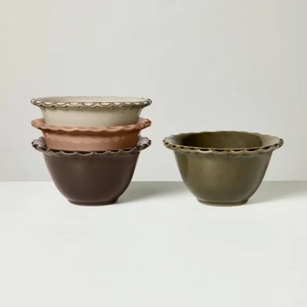 4pc 4oz Stoneware Carved Edge Prep Bowls Brown/Green - Hearth & Hand Magnolia